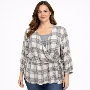 Lane Bryant Women’s Plaid Peplum Faux Wrap Top Gray & White Plus Size 16